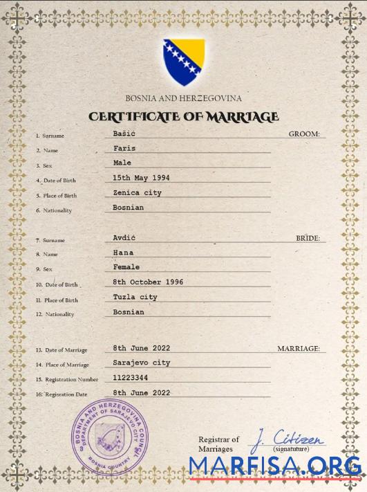 Realistic Bosnia and Herzegovina marriage certificate PSD template,